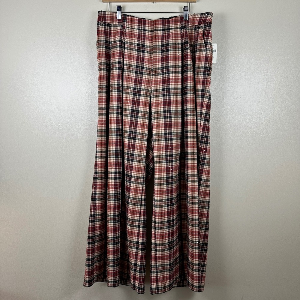 Maeve Women's 1X Plus The Avery Wide Leg Pants Red Plaid Sequin Holiday Trousers - Picture 2 of 11